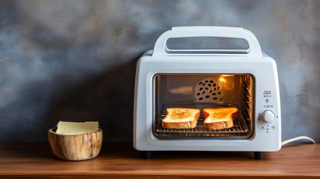 White toaster oven toasting two slices of bread on a wooden countertop with a bowl of butter