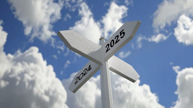 White road sign with the years 2024 and 2025 pointing in different directions against a blue sky with clouds