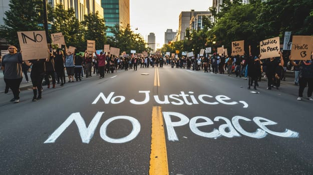 People marching down a city street demanding justice and peace