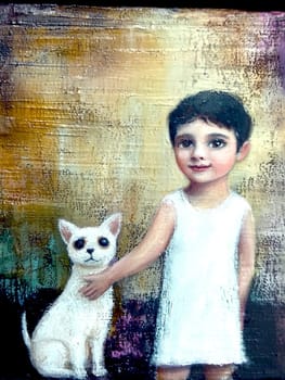 Young boy and a small white dog stand together in a heartwarming painting, evoking childhood friendship and love with colorful brushstrokes and a vintage charm