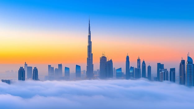 The burj khalifa and dubai skyline are partially obscured by a thick layer of fog as the sun sets