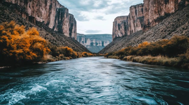 Wide river flowing through a canyon with cliffs on each side and trees changing color for fall