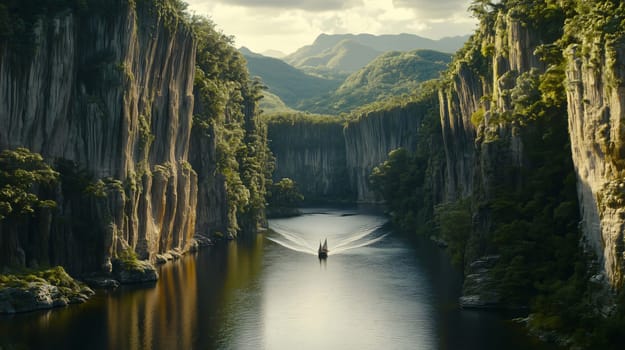 Lone sailboat is peacefully navigating a serene river flowing through a breathtaking canyon adorned with towering cliffs and lush greenery