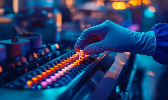 Scientist wearing blue gloves is picking up a vial for medical research in a modern laboratory