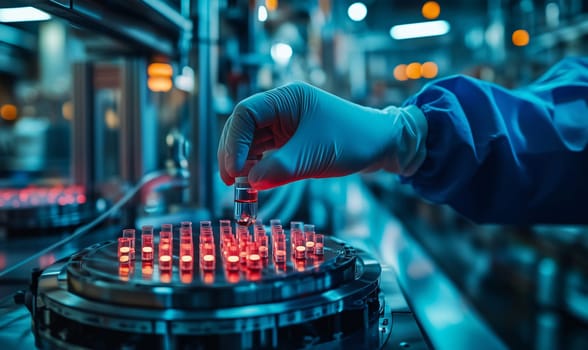 Scientist wearing gloves is holding a vial over a tray of other vials in a modern pharmaceutical laboratory
