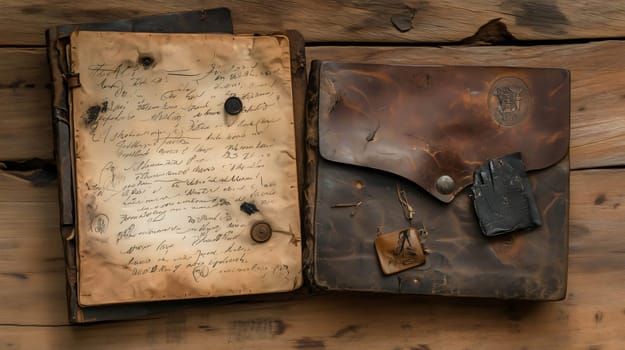 Two antique leather bound journals with metal accents and aged paper resting on a wooden table