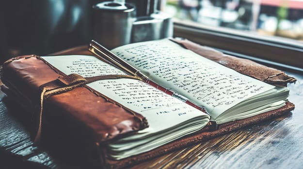 Worn leather journal is open on a table revealing handwriting and a metal pen resting on top