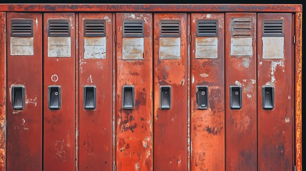 Row of old, rusty red lockers is showing its age, with peeling paint and dented surfaces