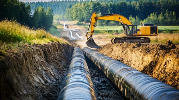Yellow excavator is laying down water pipes in a ditch on a construction site