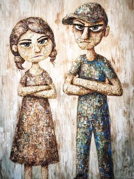 Man and a woman are standing with their arms crossed, both with serious expressions on their faces, in this contemporary style portrait painting