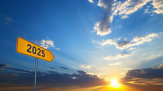 Yellow road sign pointing to the right with the year 2025 written on it against a sunset sky