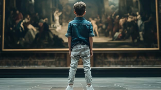 Young boy is observing a painting in an art gallery, standing with his back to the camera