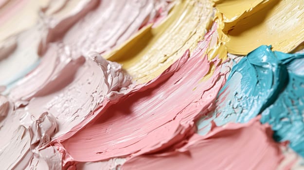 Abstract oil painting is featuring thick brushstrokes and a blend of pink, yellow, and blue pastel colors