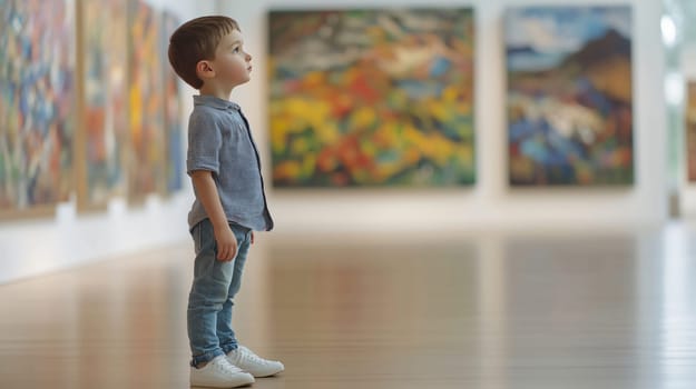 Young boy is contemplating colorful abstract paintings in a museum