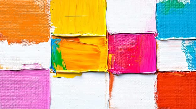 Thick impasto oil painting featuring a grid of vibrant colors on a white canvas
