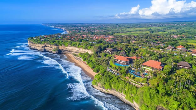 Breathtaking aerial perspective of a tropical paradise, showcasing the beauty of nature and luxurious accommodations