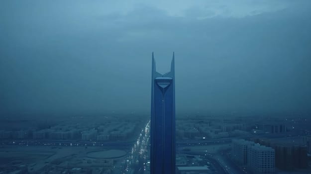 The kingdom centre standing tall amidst a sandstorm in riyadh, saudi arabia