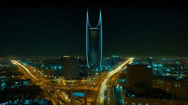 Aerial view of kuwait city's illuminated skyline at night, showcasing the impressive al hamra tower and bustling cityscape