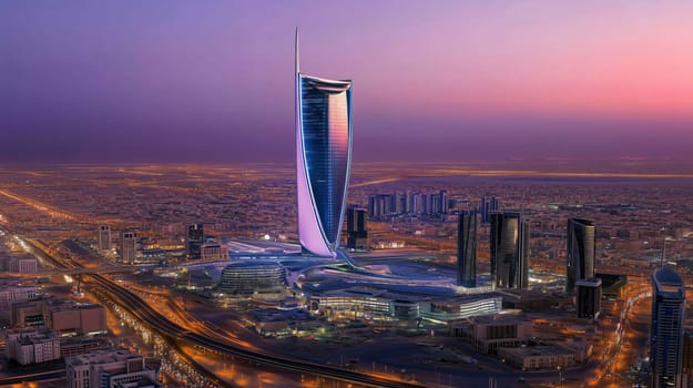 Aerial perspective of a sprawling urban landscape, showcasing the futuristic architecture and vibrant lights of riyadh at dusk
