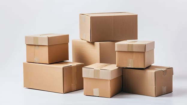 A stack of cardboard boxes, labeled and packed with brown packing materials on a white surface. The rectangular boxes are made of beige cardboard