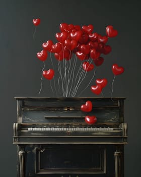 A grey piano is decorated with a flowerpot, vase, and a bunch of heartshaped red balloons. The musical instrument stands out in the room