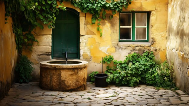 Ancient stone well being used as water source in small village courtyard