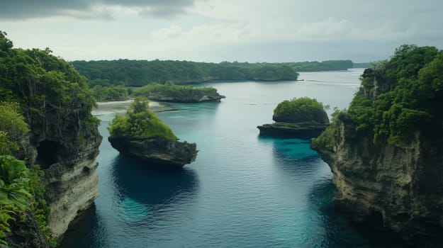 Beautiful view of a tropical paradise with rocky islands covered in lush vegetation