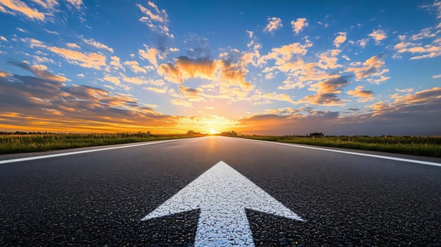 Arrow is painted on an asphalt country road leading towards a beautiful sunset
