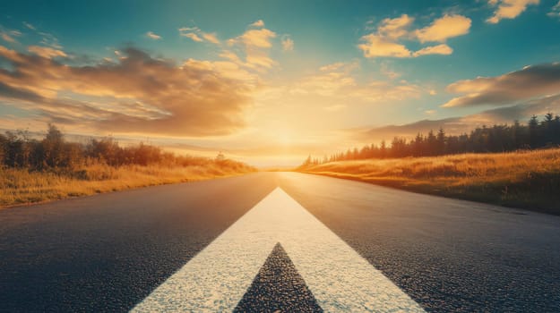 Empty asphalt road is leading to the horizon at sunset with beautiful clouds and sunbeams