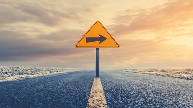 Right turn sign is standing on a road leading to a misty horizon as the sun sets