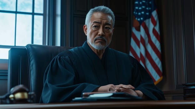 Senior judge sitting in his courtroom with a us flag in the background
