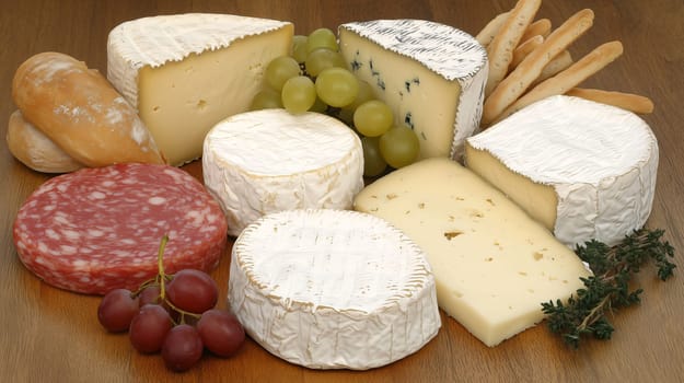 Assortment of delicious cheeses including brie, camembert and blue cheese are served on a wooden board with grapes, bread and saucisson