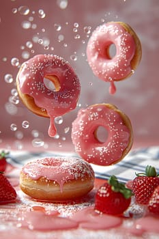 Three pink donuts topped with strawberries are being placed on a table. The combination of baked goods and fresh fruit creates a delicious treat that satisfies both sweet cravings and fruity desires