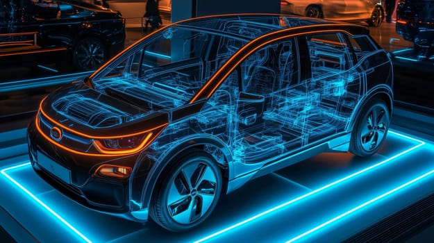 Modern electric car being displayed with illuminated transparent frame showing internal structure at futuristic exhibition