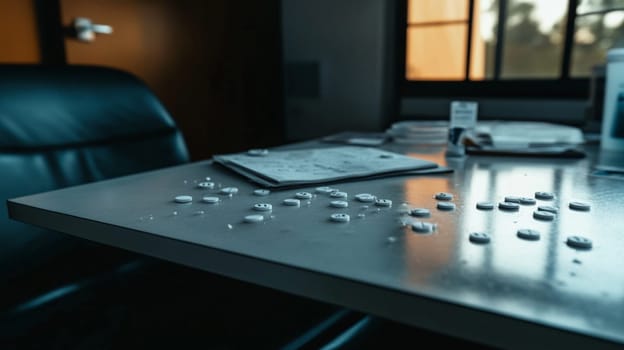 White prescription pills are scattered on a cold, sterile metal table in a medical office, suggesting an accidental spill or misuse