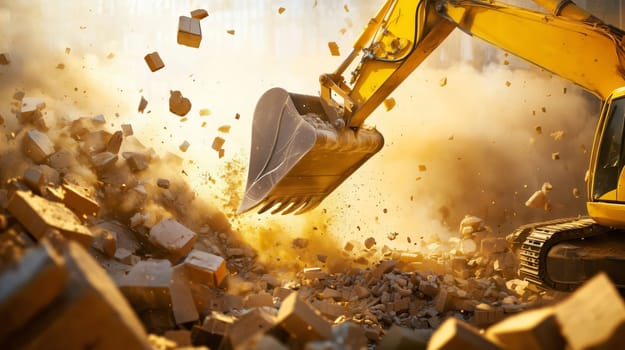Powerful excavator demolishing a brick wall, creating a dramatic cloud of dust and debris