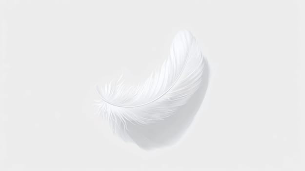 Single white feather is floating on a white background, creating a serene and minimalist composition