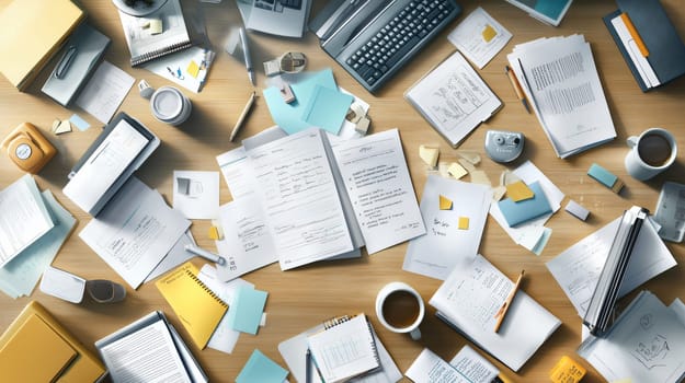 Desk overflowing with paperwork, files, and office supplies, illustrating a busy and perhaps overwhelming workload