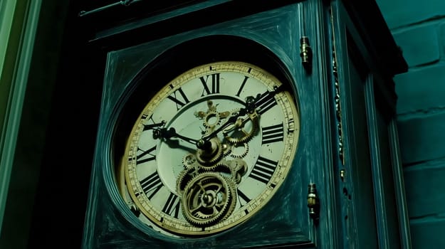 Intricate clock tower mechanism telling time through history with its vintage clock face and exposed gears
