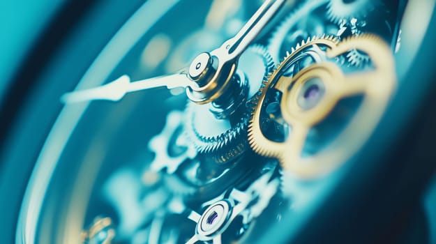 Clock hands moving on a clock face with visible watch gears in the background