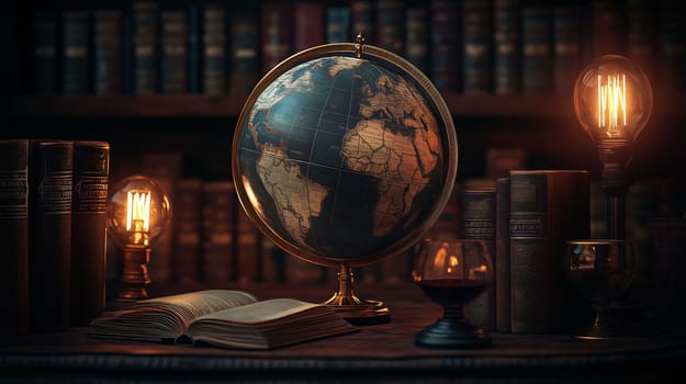 Vintage globe is surrounded by old books, a glass of wine and antique lamps in a library