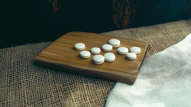 Round white pills are lying on a wooden cutting board on a table covered with a rough tablecloth, creating a simple yet dramatic scene
