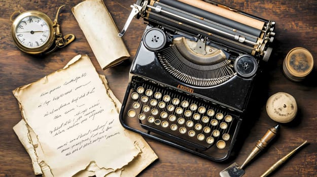 Antique typewriter and handwritten notes resting on a wooden desk evoking the feel of a writer's desk from a bygone era