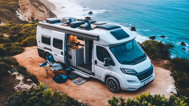 Camper van parked on a cliffside road overlooking the ocean is providing a relaxing getaway for a traveler