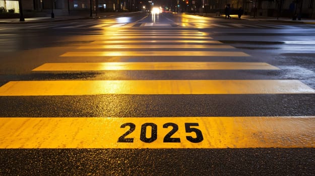 Yellow pedestrian crossing on a wet asphalt road at night leading to the year 2025