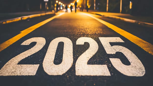 Pedestrians walking on a city street at night with the year 2025 painted on the road in front of them