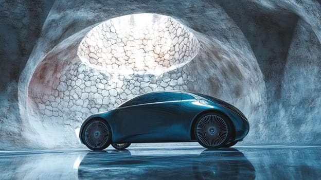 Modern electric car in a minimalist garage with a round skylight, reflecting style and innovation. Urban luxury and eco friendly tech shine in this sleek, empty space