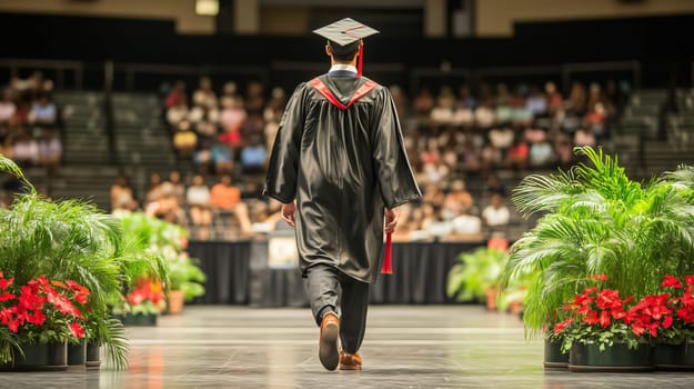 Graduate walking toward the stage to receive his diploma during the graduation ceremony