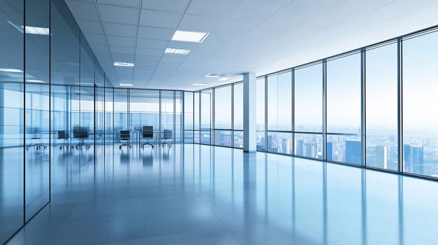 Empty modern office interior is reflecting the cityscape through panoramic windows