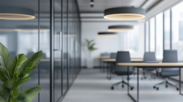 Green plant standing in an empty modern office with big windows and a blurred background